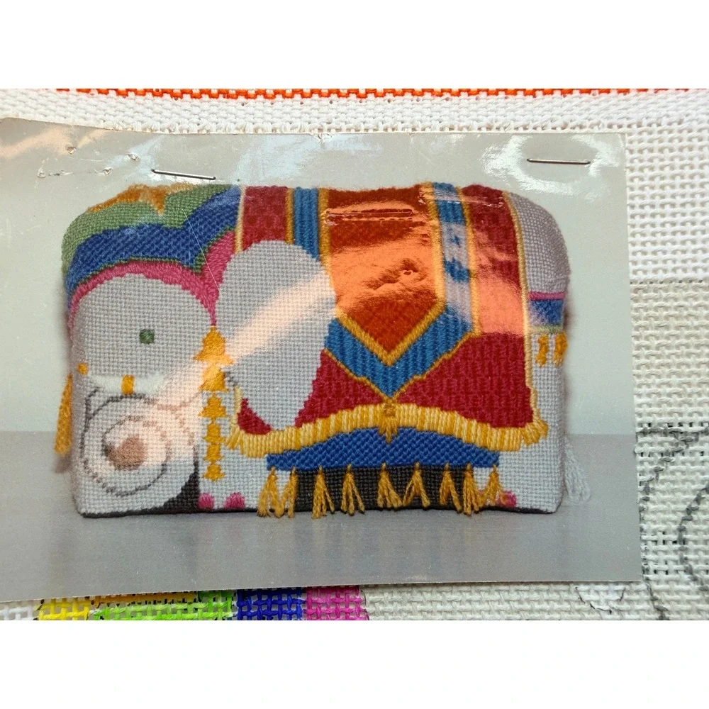 Elephant Pillow Hand Painted Needlepoint Canvas Nichols Two Sided Vintage 1990s